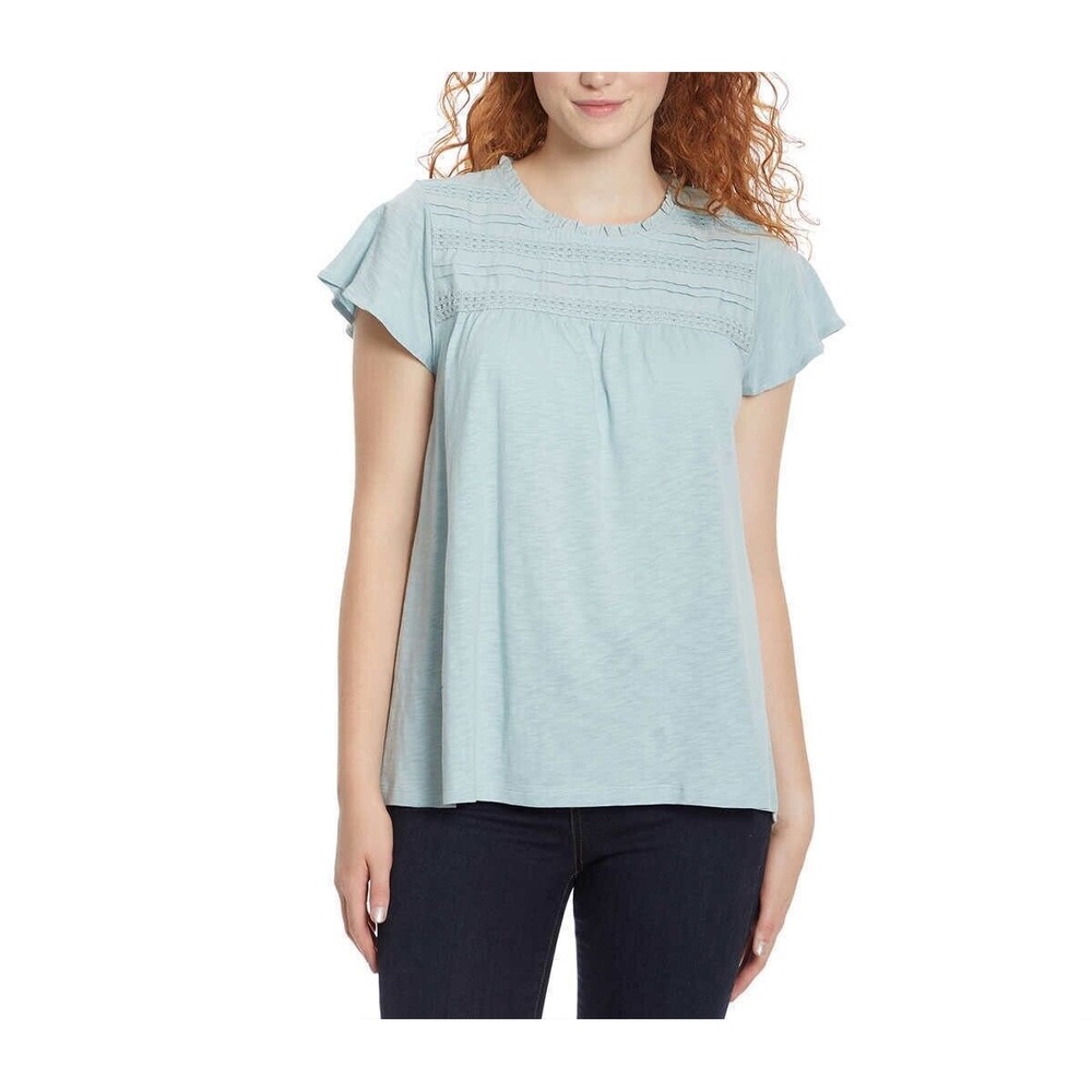 Ella Moss Light Blue Lace Trim Crew Neck‎ Knit Top, Small